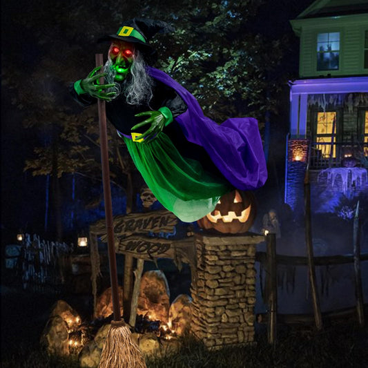 6 FT Halloween Flying Witch Decor Halloween Decorations with Voice Activated Sensor Animatronics Scary Props Lighted Displays Flying Witch Decor on Broom Garden Yard Lawn Outdoor Indoor Home Decor
