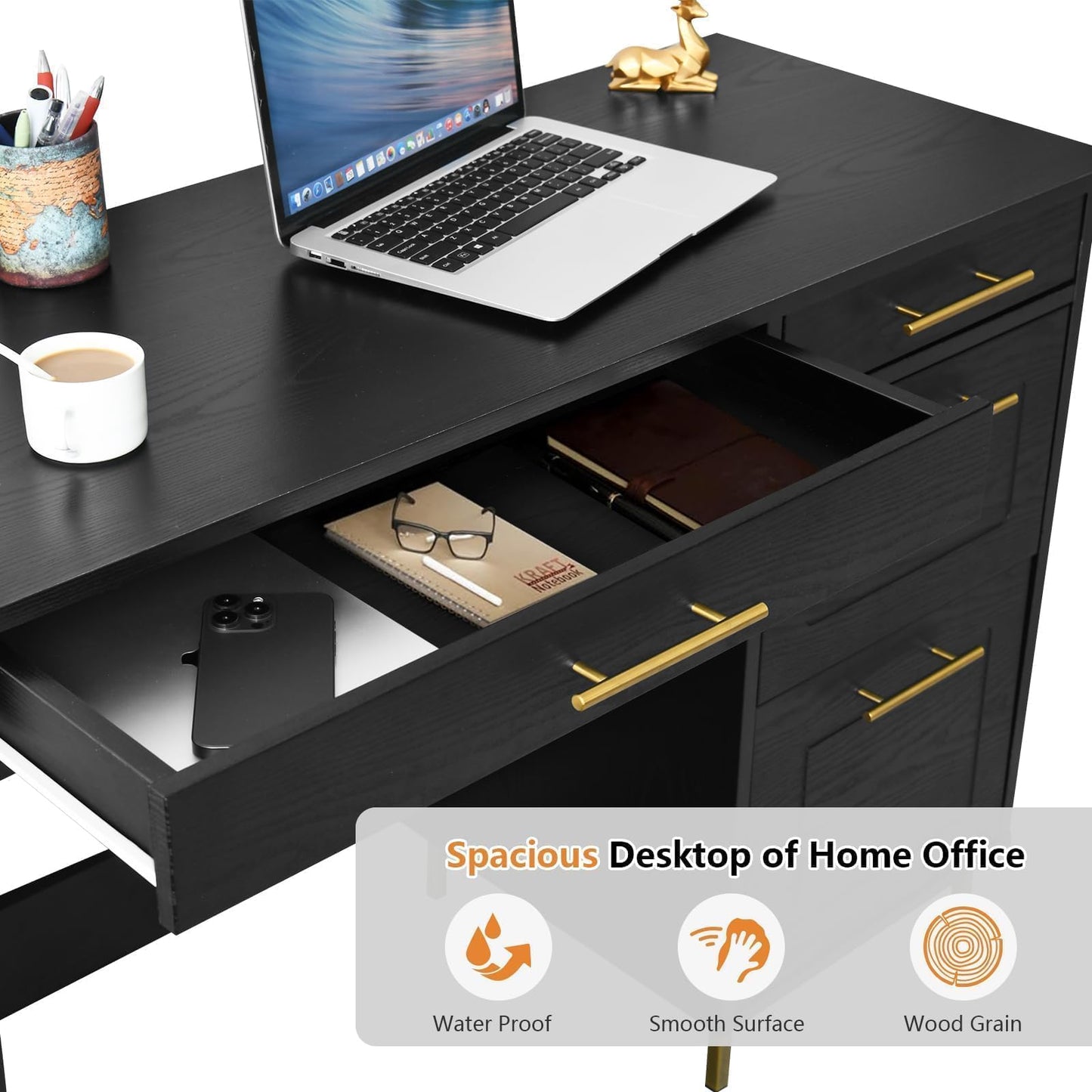4 EVER WINNER Black Desk with Drawers, Modern Home Office Desks with Golden Handles and Drawers, Computer Table for Small Spaces, Black and Gold Desk