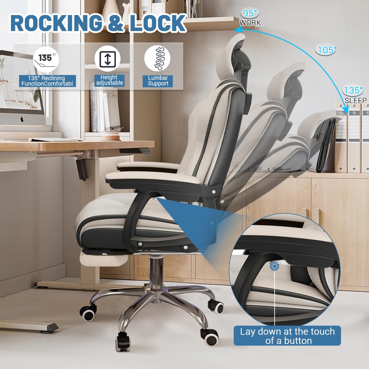 XUEGW Executive Computer Chair Home Office Desk Chair,Adjustable Angle, Ergonomic Adjustable Height PU Leather Chairs with Cushions Armrest for Long Time Seating-High Office Chair with Footrest