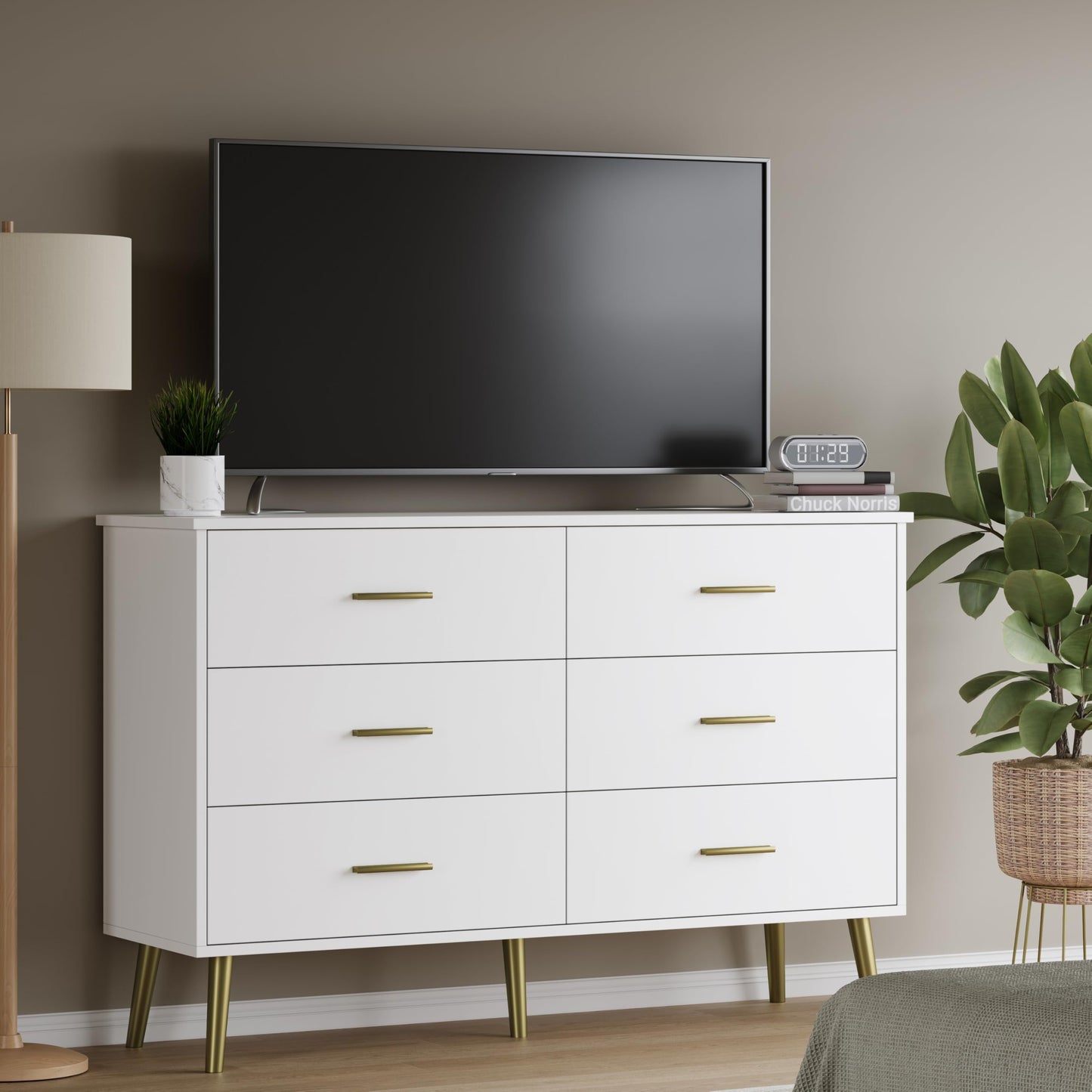 White Dresser for Bedroom, Dressers & Chests of Drawers for Clothes Storage, Wood Dresser for Closet with 6 Drawers, Wide Long Clothes Organizer with LED Light for Hallway, Entryway, Metal Handles