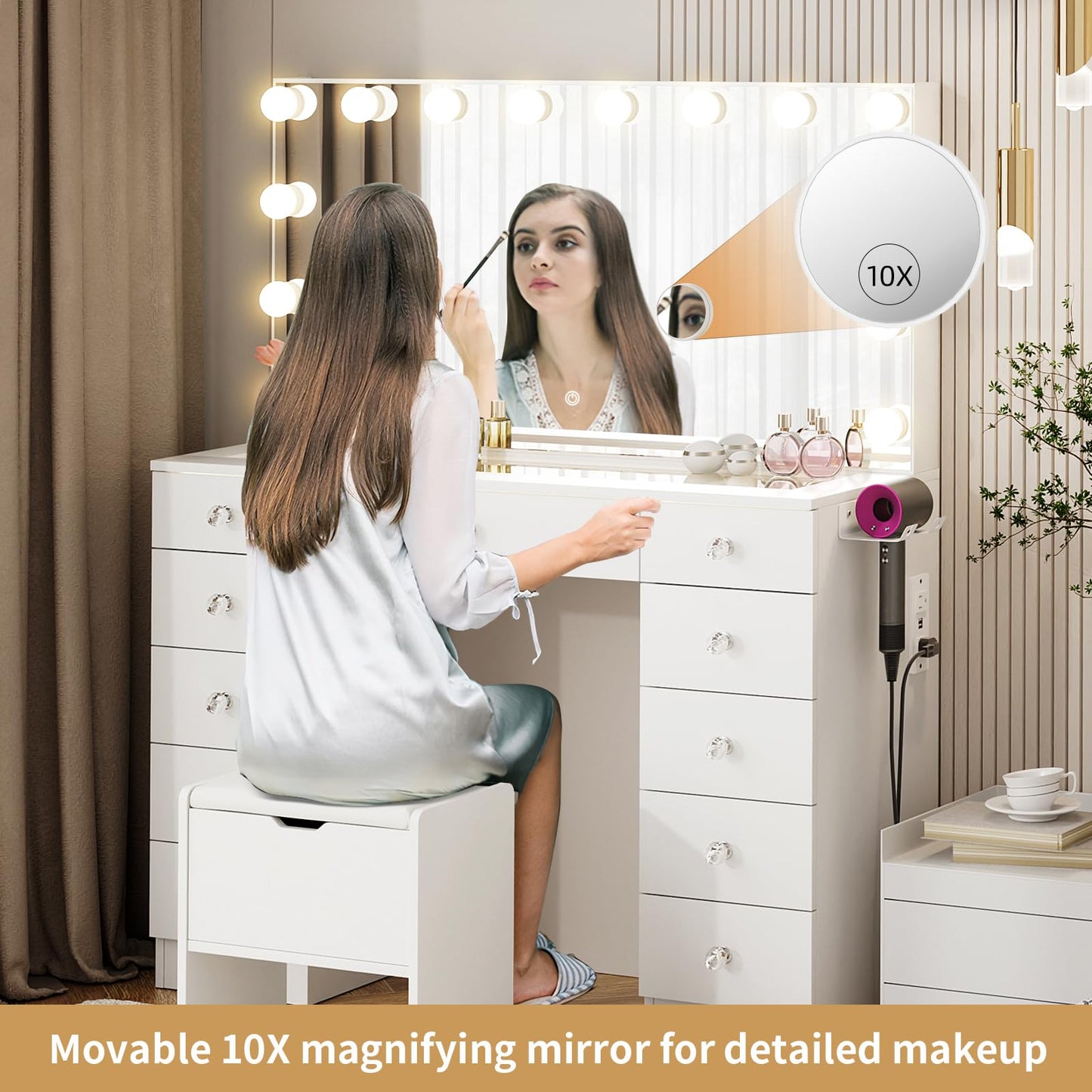 VOWNER Vanity with Lighted Mirror - Glass Top Makeup Vanity Desk with Lights and 11 Drawers, 3 Color Lighting Modes Adjustable Brightness, 46" Makeup Desk with Soft Cushioned Stool for Bedroom, White