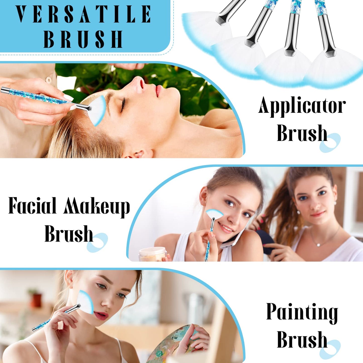 12 Pcs Fan Brushes for Facial Mask Brushes with Glitter Quicksand Handle Cosmetic Facial Fan Brushes Soft Facial Mask Brush Applicator Facial Peel Applicator Face Mask Tools with Pouch (Blue)