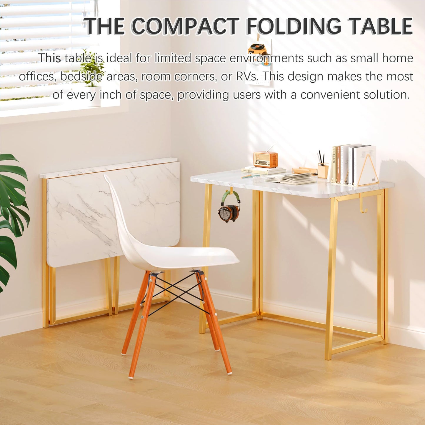 4NM 31.5" Small Folding Desk, Simple Assembly Computer Desk Home Office Desk Study Writing Table for Small Space Offices - White and Golden