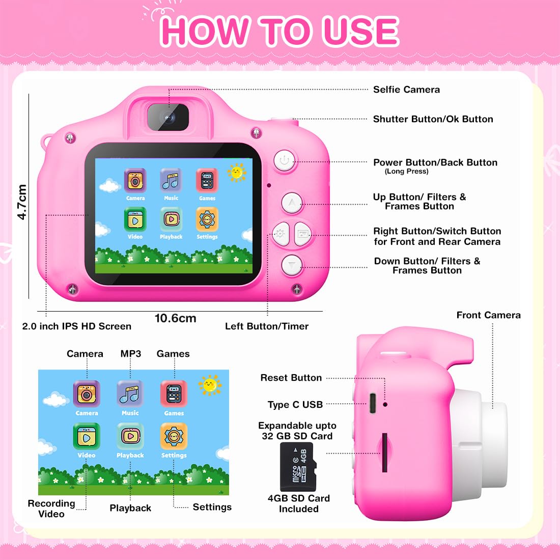 Wembley Kids Camera 3+ Year Old Girl Gift 32GB SD Card 1080P HD Video Adorable Selfie Unicorn Digital Toddler Camera for Kids Toys Boys Birthday Gift for 3-12 Years Old Girls - Pink