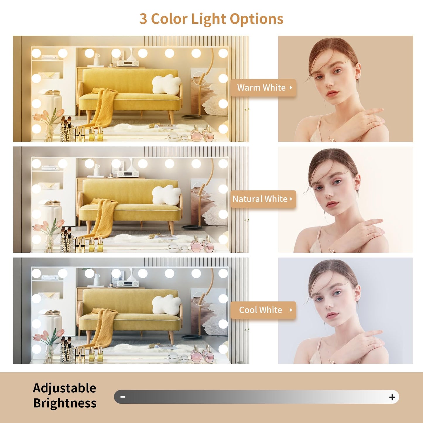 VOWNER Vanity with Lighted Mirror - Glass Top Makeup Vanity Desk with Lights and 11 Drawers, 3 Color Lighting Modes Adjustable Brightness, 46" Makeup Desk with Soft Cushioned Stool for Bedroom, White