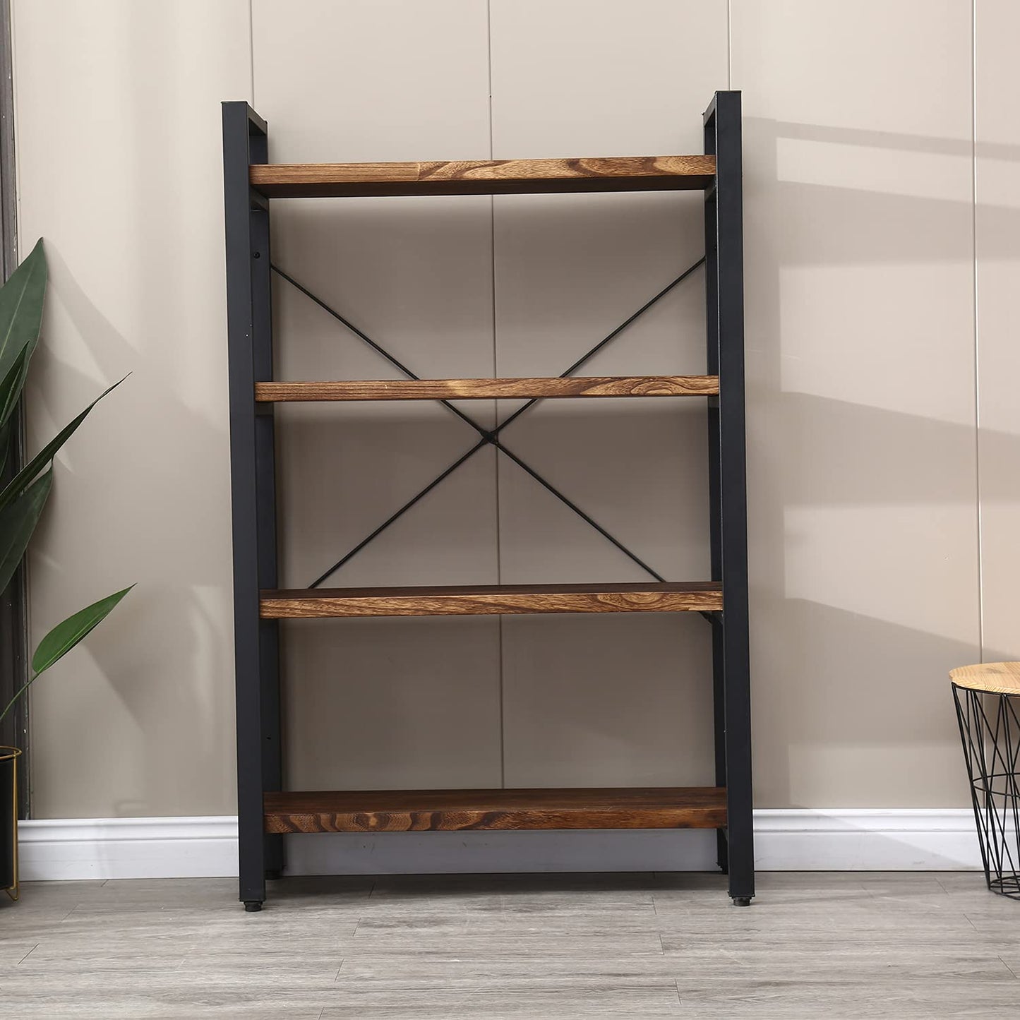 WH-AOERPUMY Solid Wood Bookshelf, 4-Tier Rustic Vintage Industrial Etagere Bookcase, Open Metal & Wood Vintage Book Shelf, Retro Brown