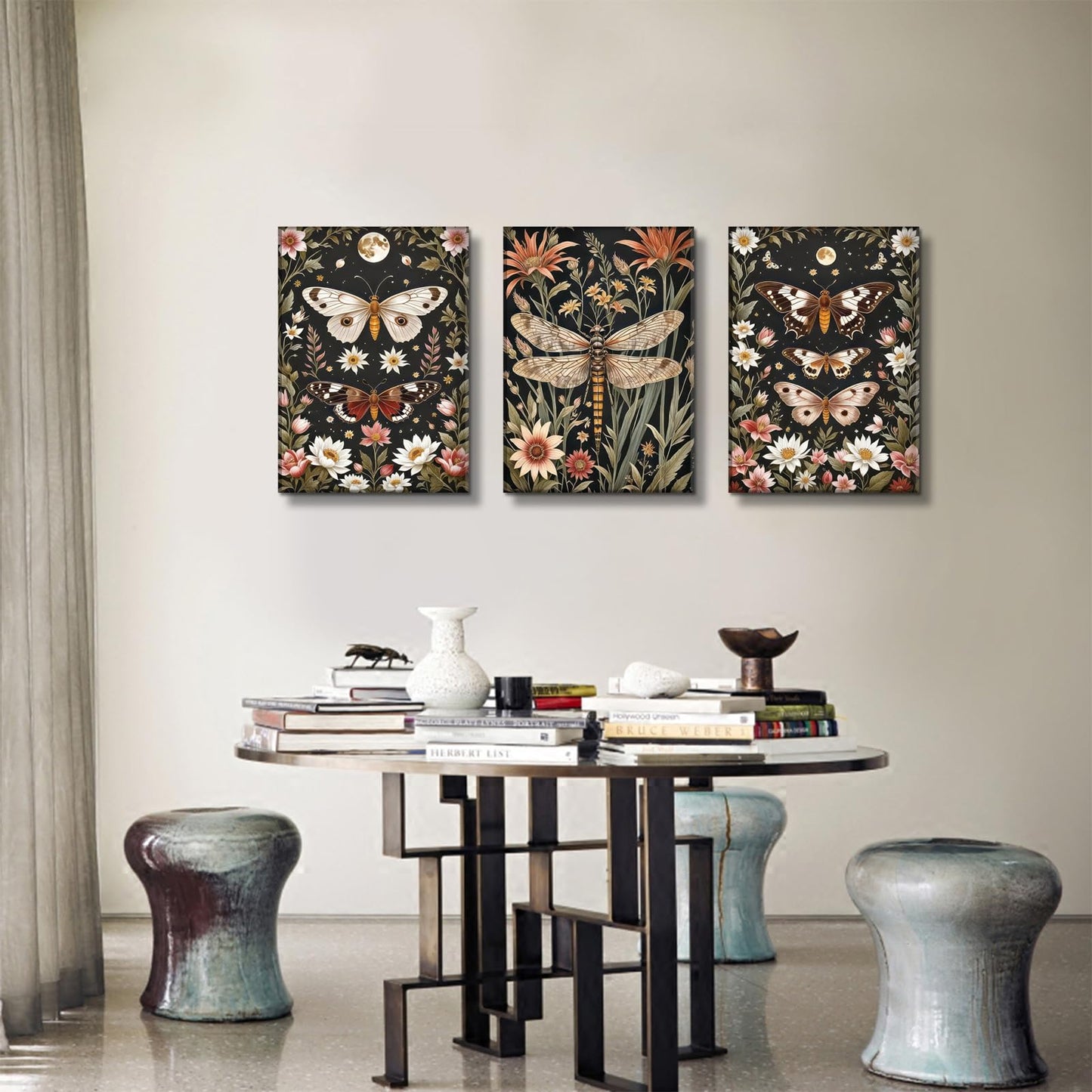 3Pcs Vintage Insect Wall Art Moody Insect Canvas Pictures Butterfly and Dragonfly Prints for Living Room Bedroom Bathroom 12x16in Canvas