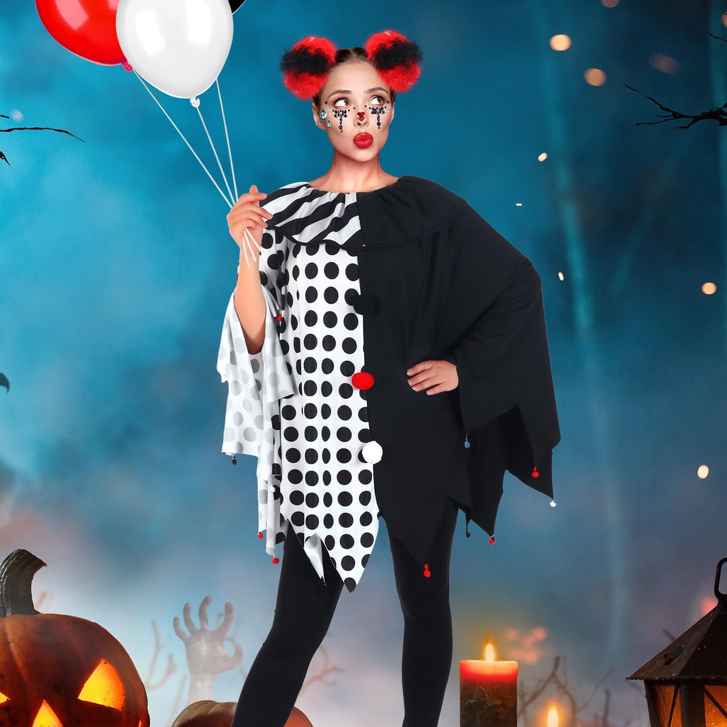 8 Pcs Women's Scary Poncho Clown Costume Set Includes Poncho Costume, Clown Wig, Stickers for Women Halloween Accessories(Large Size)