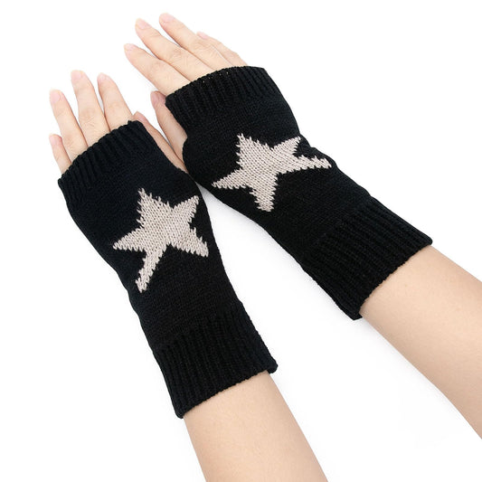 YAMEIZE Fingerless Star Printed Knitted Gloves - Wrist Warmers Y2K Mittens Knitted Gloves for Women Men Typing (Black)