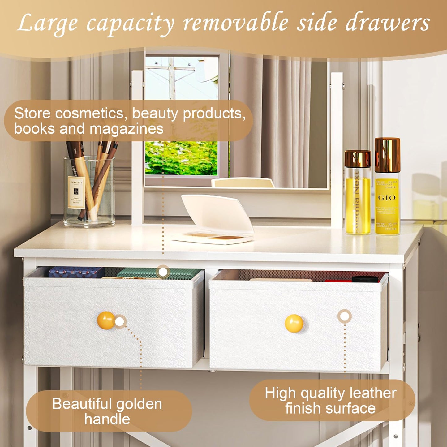X-cosrack Small Makeup Vanity Desk with Mirror & Chair, Mini Vanity Desk Table Set with Fabric Storage Drawer, 19.7" Compact Vanity Desk for Girls, Dressing Table with Chair for Bedroom, White