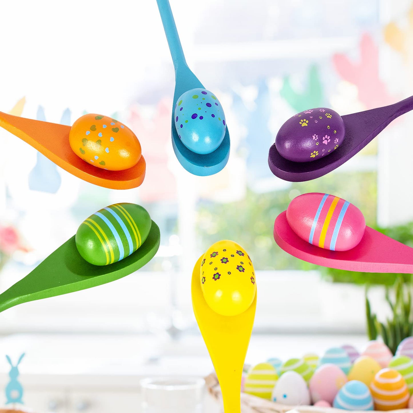 6 Players Easter Egg and Spoon Race Game Set for Kids and Family Activity Lawn Games Easter Party Favor Supplies Outdoor Fun Classroom Activities/ Games