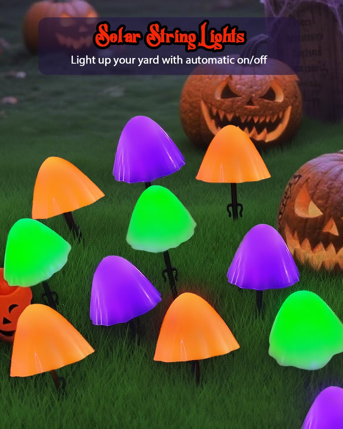 OZS 2PK 32LED 55FT Halloween Lights Mushroom Solar Lights, Halloween Decorations Outdoor with 8 Lighting Modes, Solar String Lights Waterproof for Outside Yard Party, Orange Purple & Green