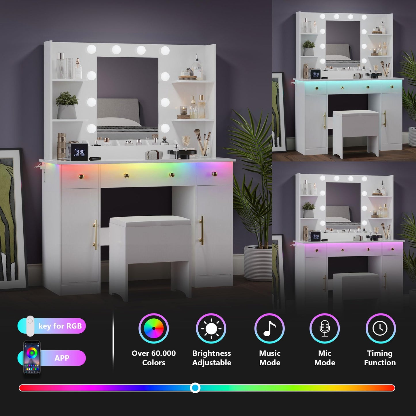 Wodeer Makeup Vanity Desk with Mirror and Lights, 43" White Vanity Set with Chair, 3 Drawers, Power Outlet & Adjustable RGB LED Lights, Dressing Table with Storage Shelf for Women & Girls Bedroom