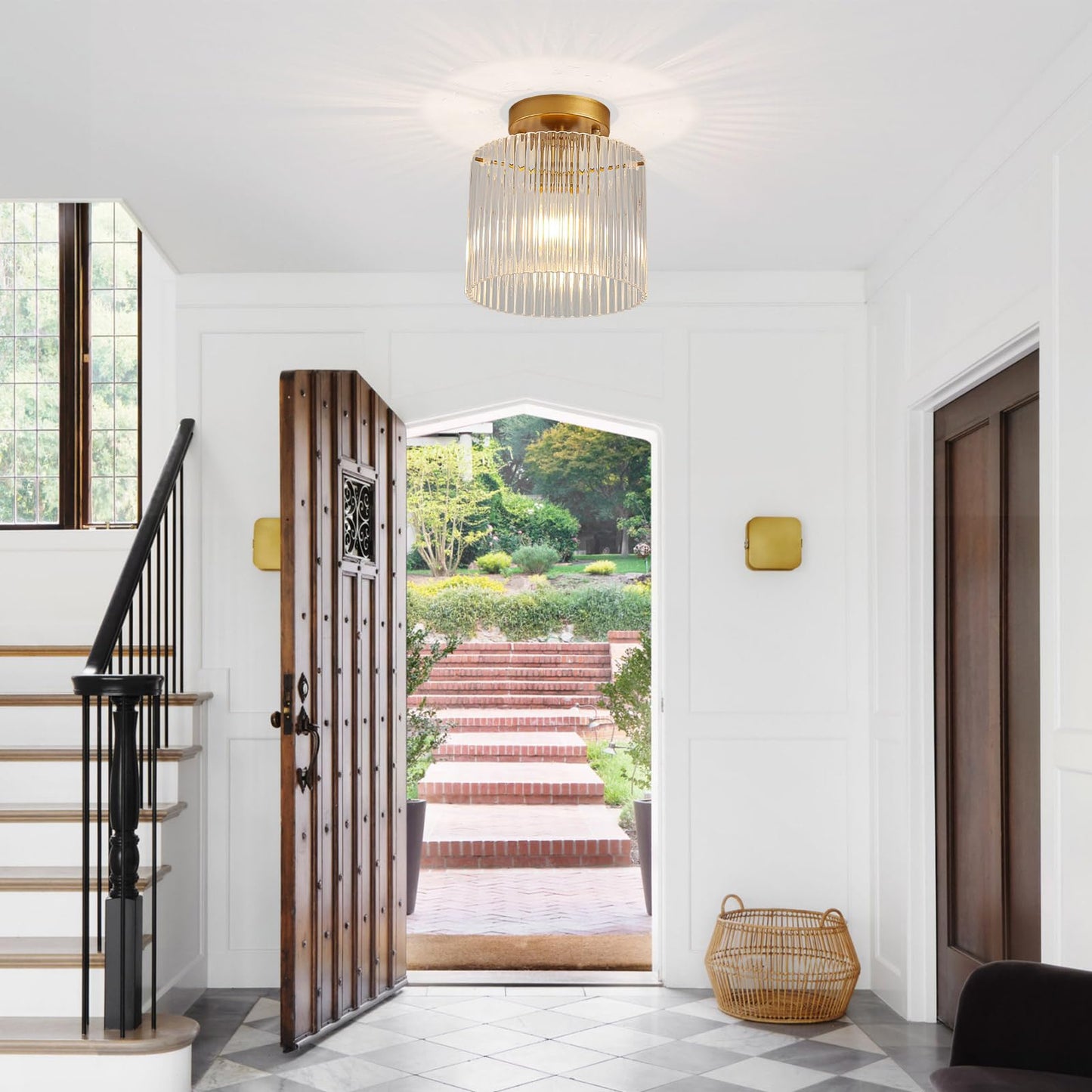 wochos Modern Semi Flush Mount Ceiling Light, Industrial Clear Glass Ceiling Light Fixture, Crystal Ceiling Lamp, Modern Ceiling Lamps, Farmhouse Light for Entryway Hallway Kitchen Dining Room