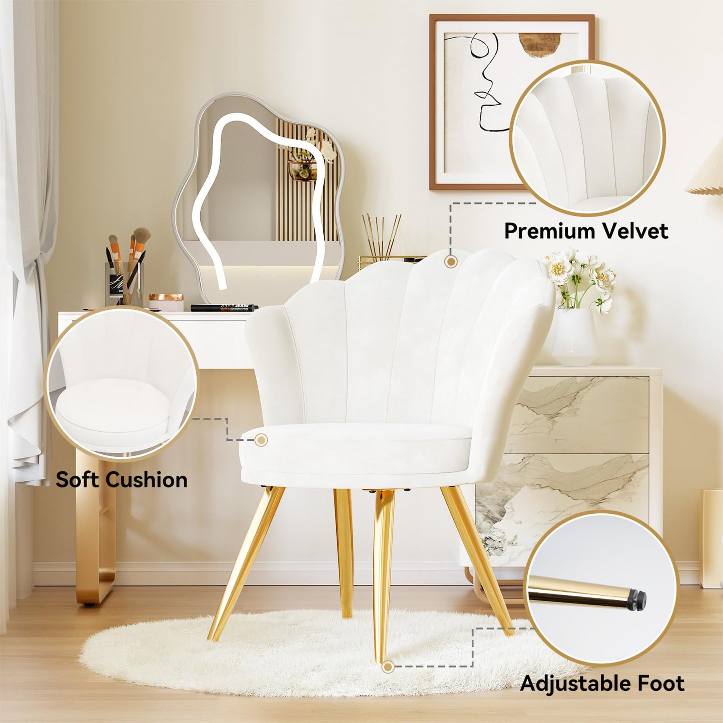 Aivermeil Velvet Accent Chair with Gold Metal Legs, Vanity Chair for Makeup Room, Upholstered Guest Chair for Living Room, for Bedroom, White