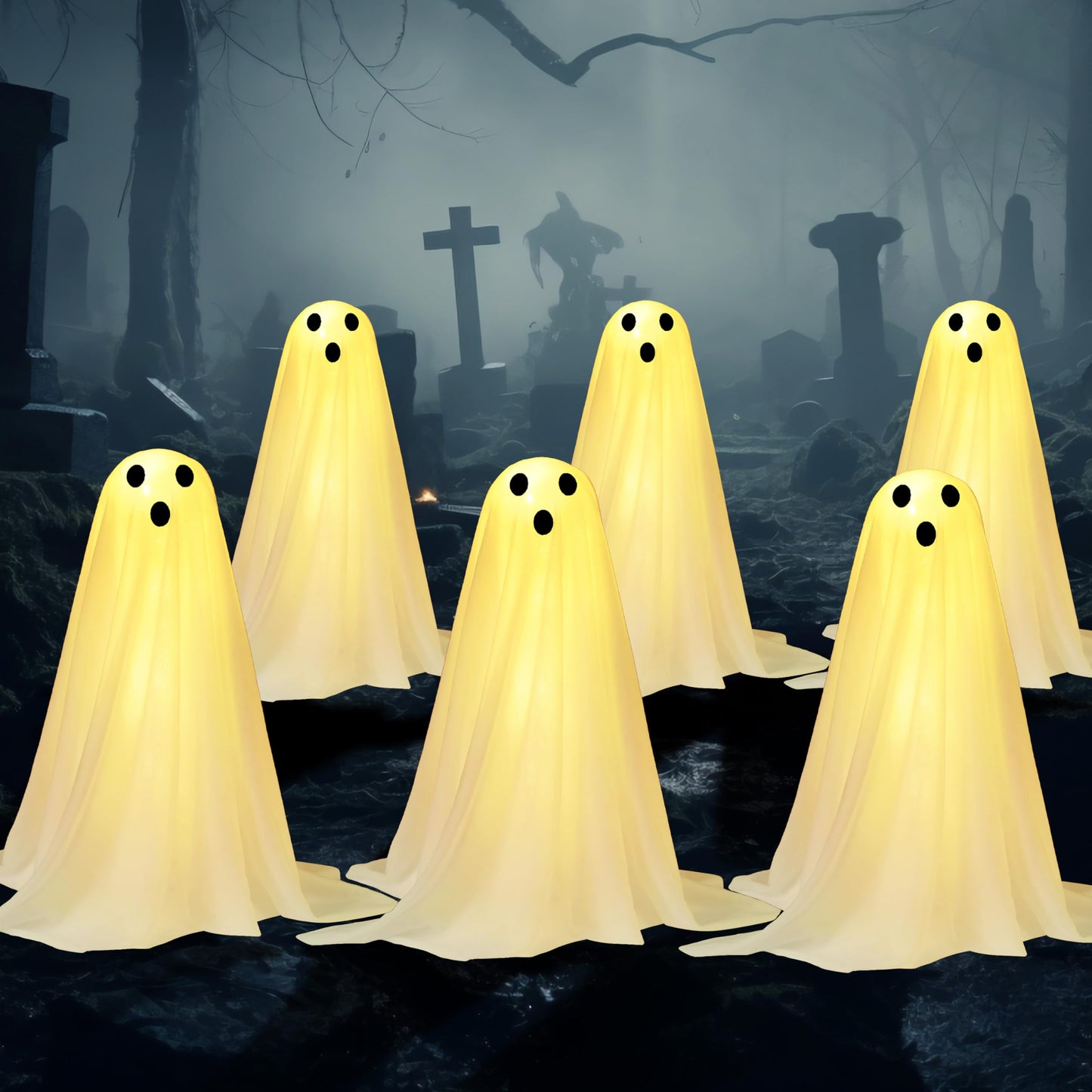 JOYIN 6 Pcs Halloween Decorations Outdoor Ghosts Pathway Lights, 18” White Light Up Cloth Ghost with Yard Stakes for Graveyard Yard Lawn Garden Prop, Party Decor Supplies