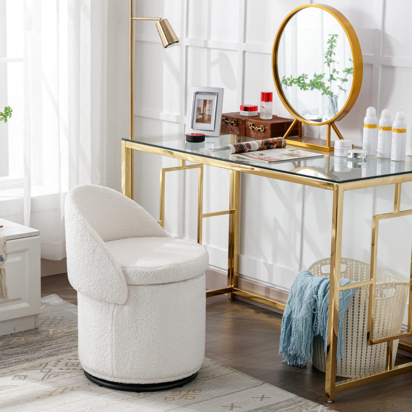 Ya-Home Modern Swivel Ottoman Vanity Chair, Sherpa Upholstered Barrel Chair Club Chair 360°Degree Swivel Side Chair with Storage, Comfy Makeup Stool for Bedroom Living Room, White