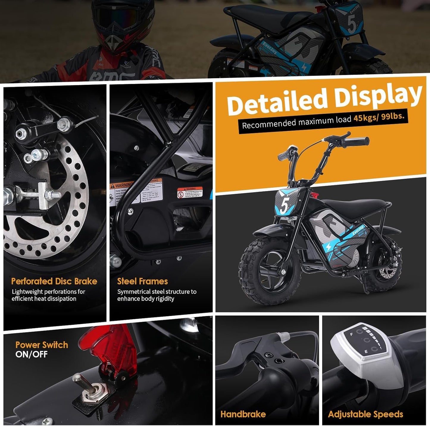 24V Electric Dirt Bike for Kids 250W High Torque Motor, 24V 9AH, 2 Speeds,10/12 MPH, UL 2849 Certificated Electric Kids Mini Bike for Ages 3+ (All-Terrain Tires)