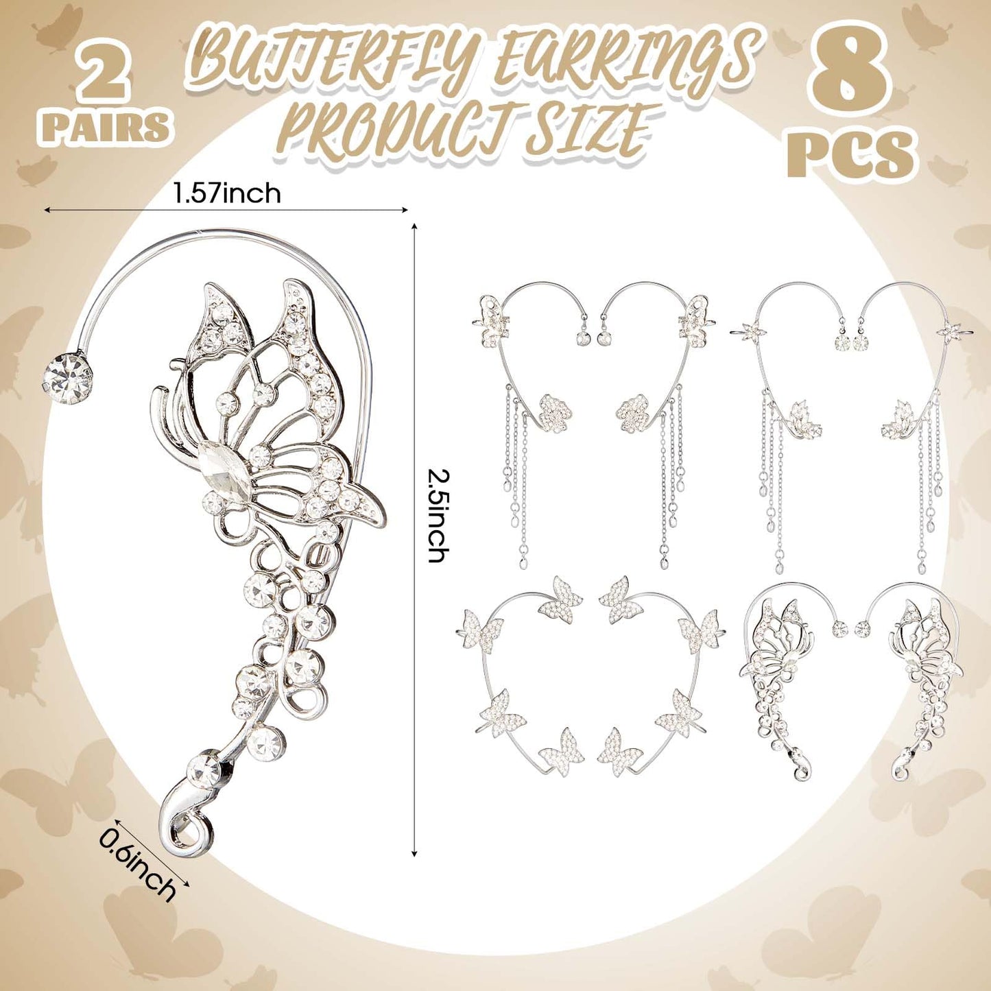 Yaomiao 4 Pairs Butterfly Ear Cuffs Earrings Glitter Rhinestone Butterfly Earrings No Piercing Ear Clip Wrap Around Dangler for Women Show, Wedding, Party, Christmas Accessories