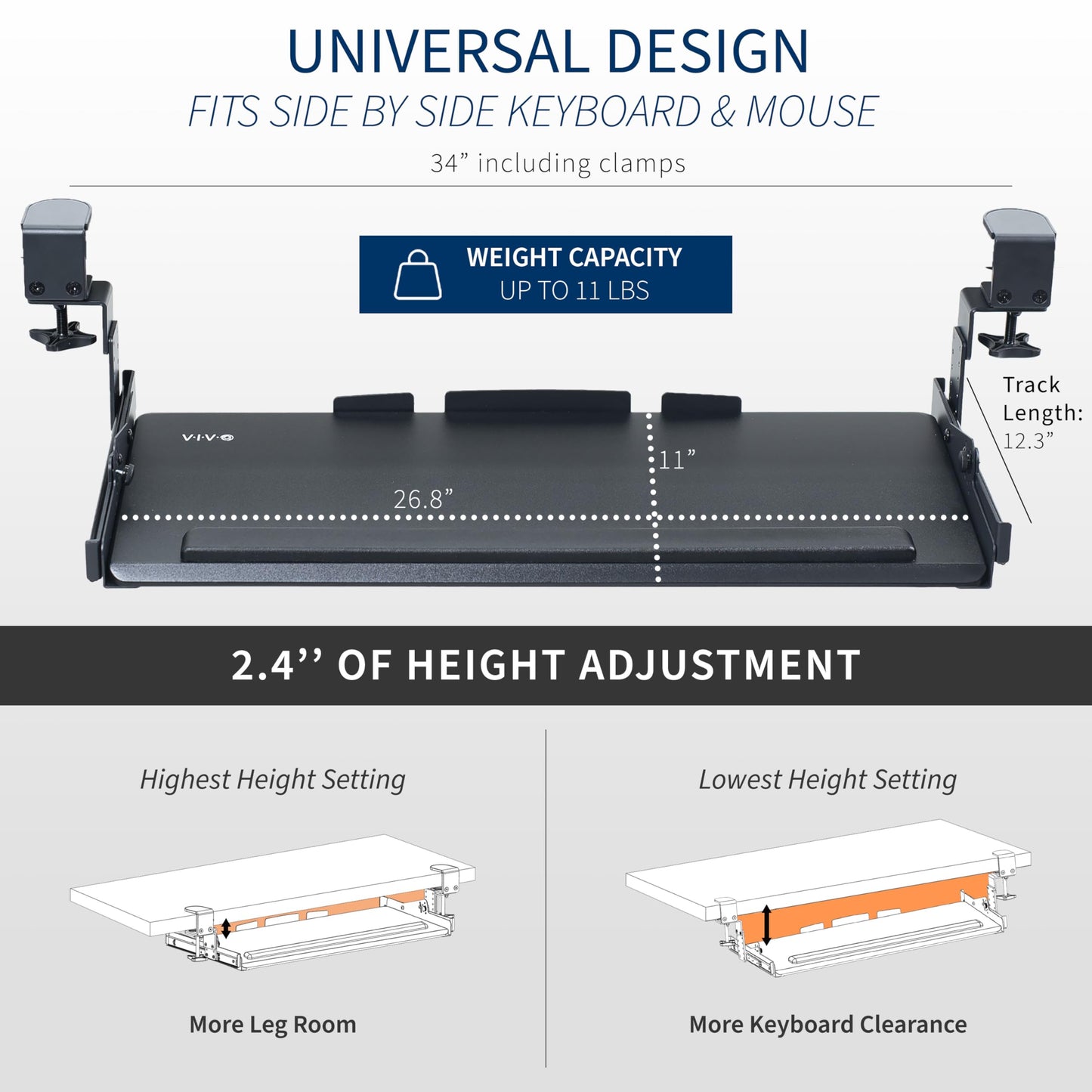 VIVO Premium Large Keyboard Tray with Height Adjustment, Tilt, Extra Sturdy Swivel C-Clamps for Corner Mounting, 27 (34 Including Clamps) x 11 inch Slide-Out Platform, Black, MOUNT-KB05HT
