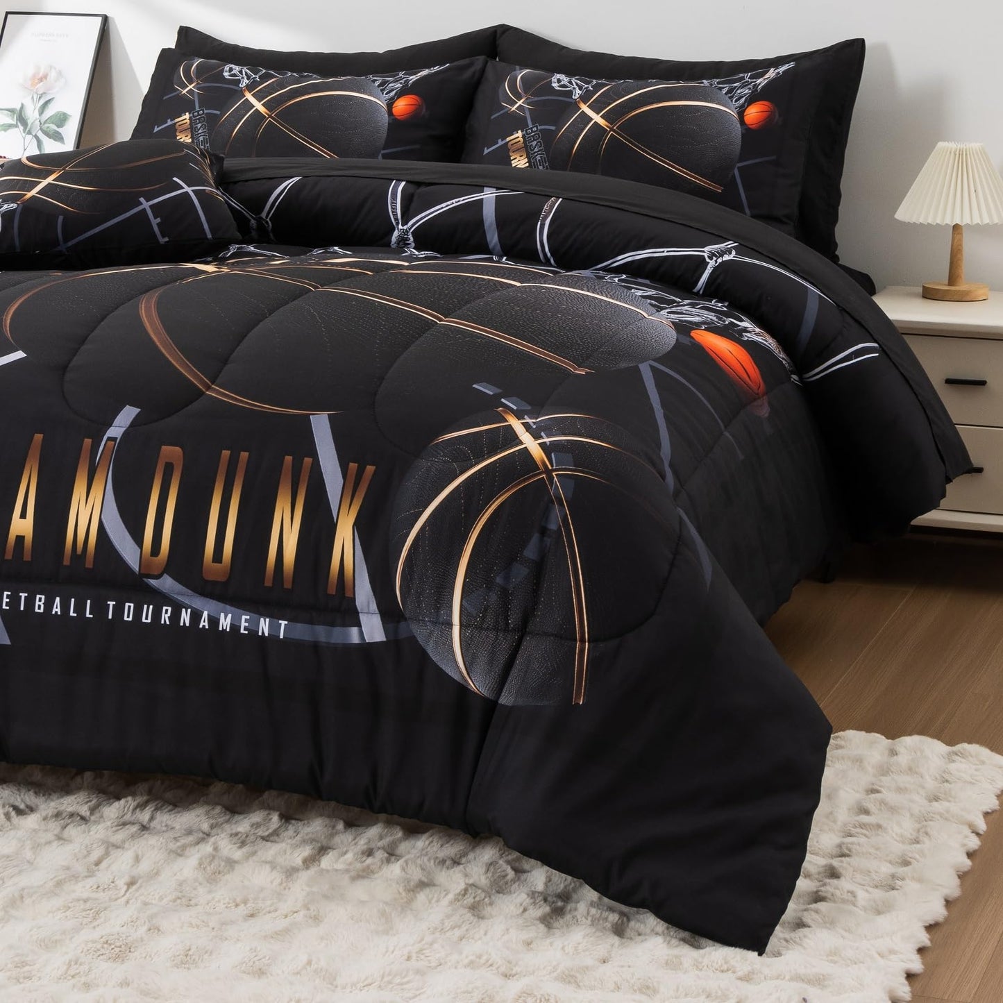 A Nice Night Basketball Court Printed Comforter Sets,with Sportsman Slam Dunk Printing 6Pcs Bedding Set in a Bag for Teen Boys,Twin