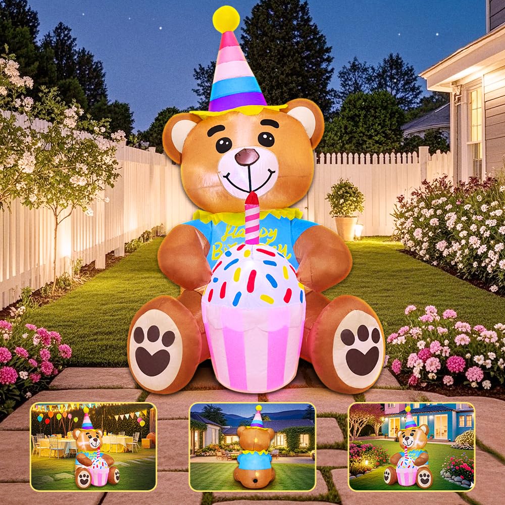 5FT Inflatable Bear with Birthday Cake Blow up Outdoor Yard Decorations, Built-in LED Lights for Holiday Party Garden Lawn Indoor Home Celebration