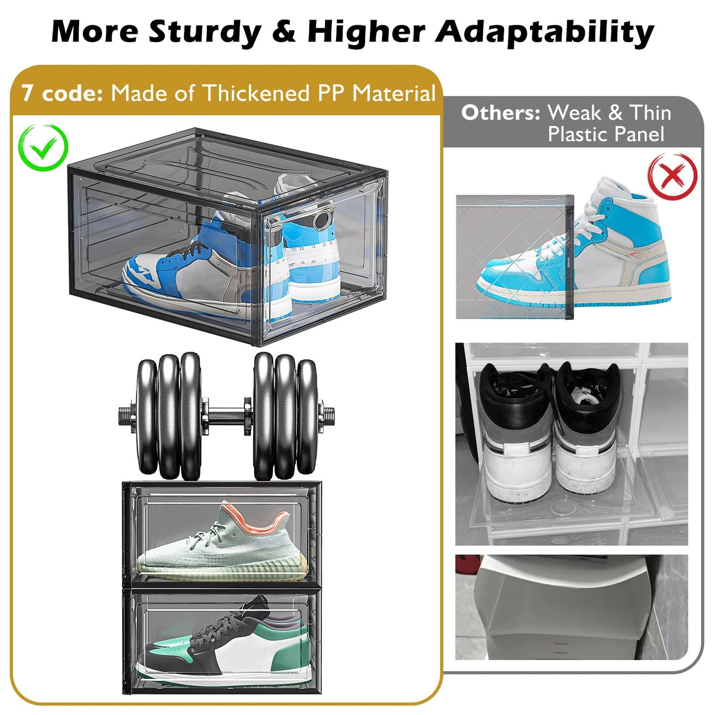 7 code Large Clear Shoe Boxes Organizer【Thicker Material】 Stronger Shoe Box with Magnetic Door, Stackable Shoe Storage Box for Closet, Foldable Space-Saving Storage Bins Shoe Cabinet, Black 9-Pack