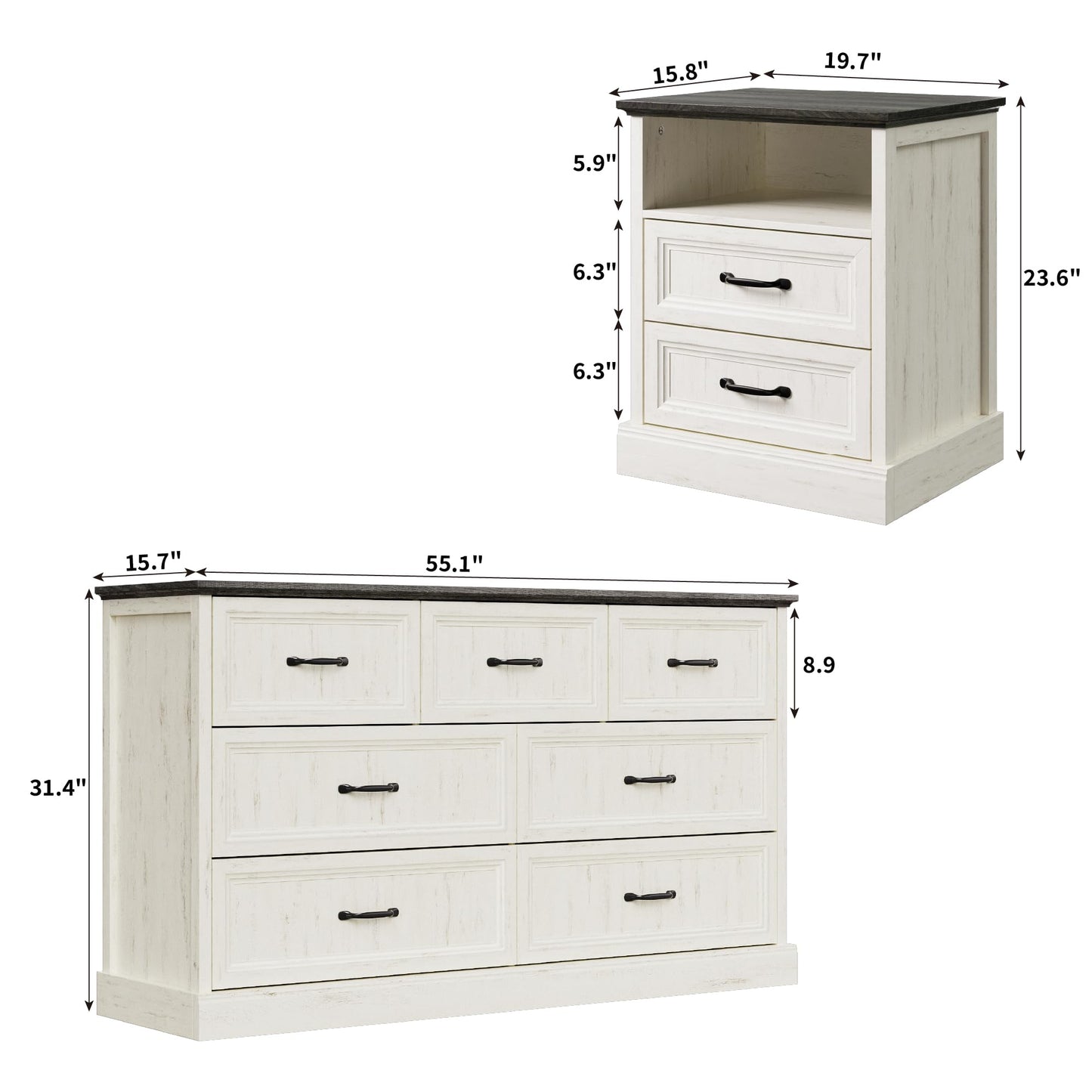 3 Pcs Farmhouse Dresser and Nightstand Sets for Bedroom, 7 Drawer Dresser & Nightstand Set of 2, Rustic Wooden Chest of Drawers Wide Storage Organizer for Bedroom, White