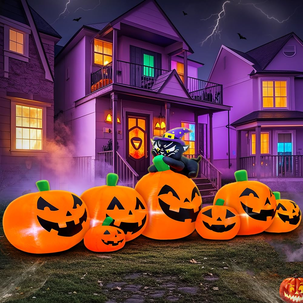 8FT Halloween Inflatables Pumpkin Decorations with Black Cat Decoration Led Light Inflatable Outdoor Decorations Blow up Inflatables for Halloween Holiday Party Lawn Yard Garden Decor