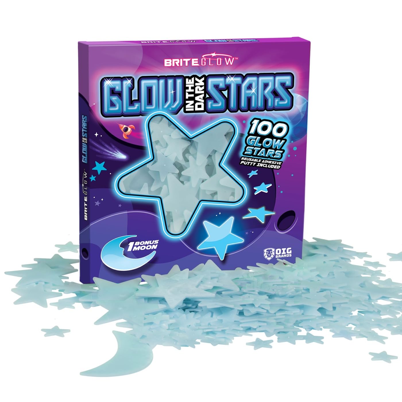 100PK Blue Glow in The Dark Stars for Ceiling Easter Basket Stuffers for Kids - Star Brite Plastic Glow Stars with Moon & Putty Ages 4,5,6,7,8,9,10,11,12 for Bedroom Space Night Light Room Non-Toxic