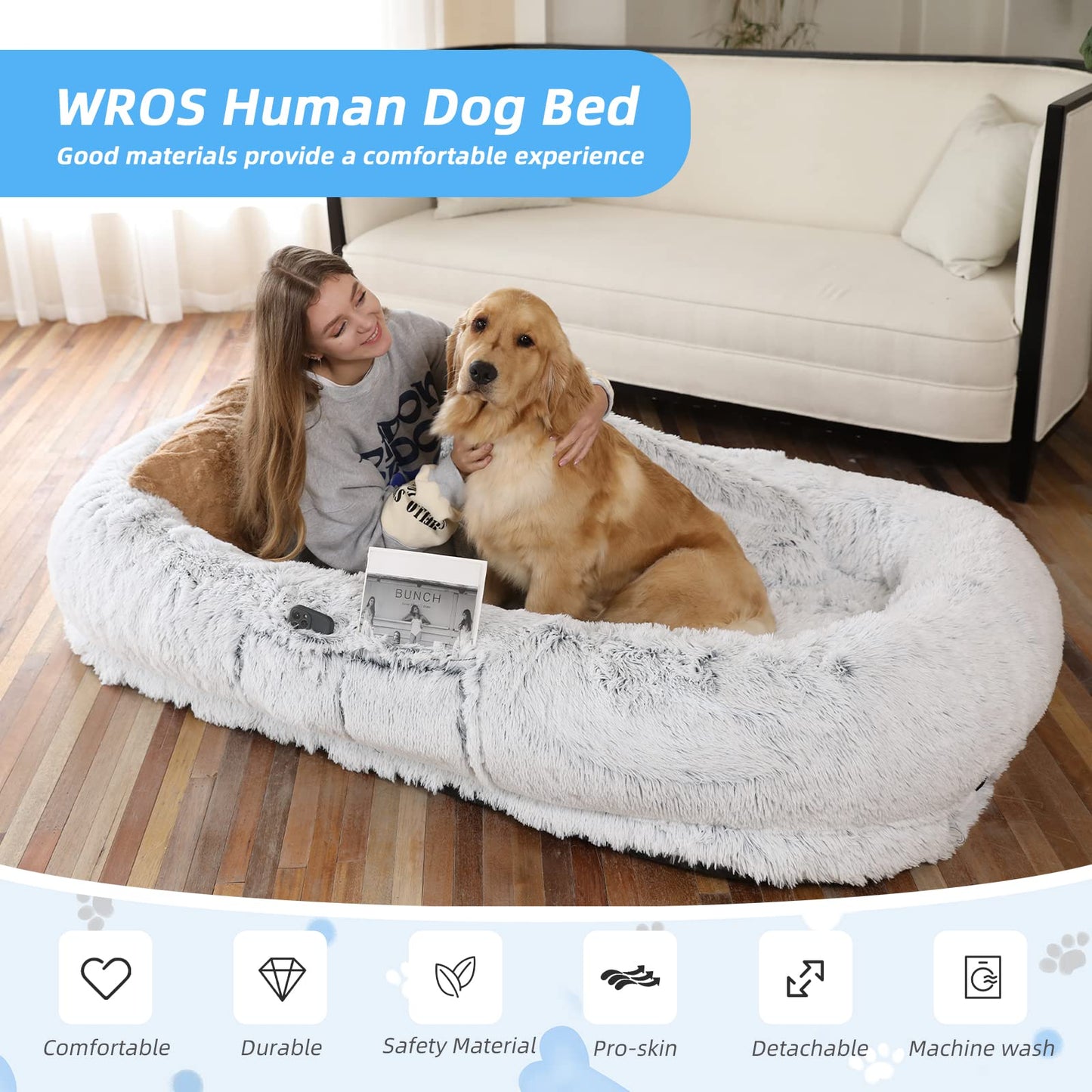 WROS Human Dog Bed - 71"x45"x12" Fits You & Pets, Washable Faux Fur, Orthopedic, Plump Pillow, Blanket, Strap - Grey