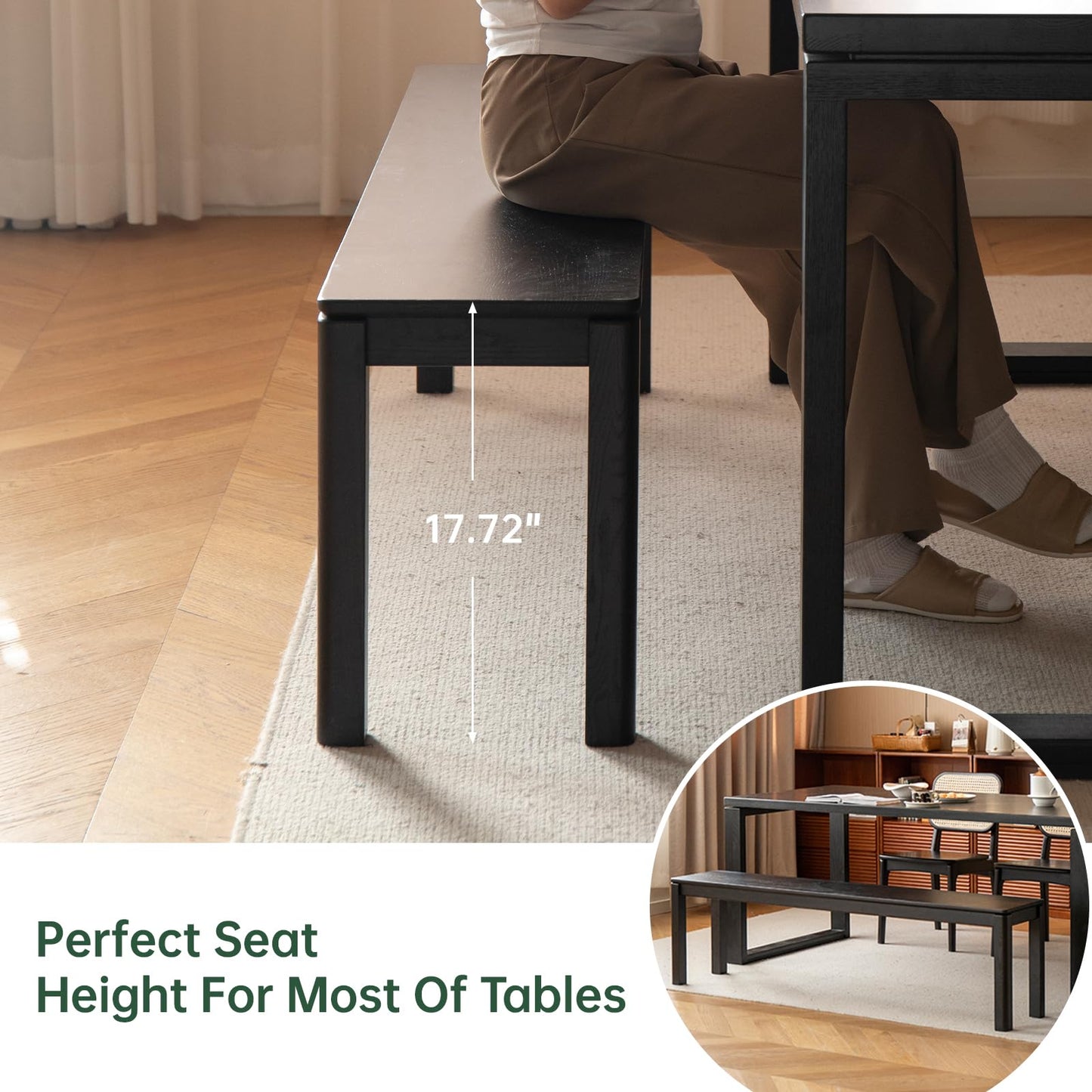 Wayshome 47.2'' 100% Solid Wood Dining Bench, Oak Wood Long Bench for Dining Table, End of Bed, Entryway, Hallway, Sofa Back, Suqare Bench for Dining Room Kitchen Bedroom Living Room, Black