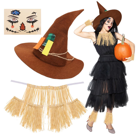 XEPST Halloween Scarecrow Costume for Women - 7PCS Accessories Set With Hat, Raffia Straw Kit, Face Decor for Adults Cosplay Fancy Dress Up