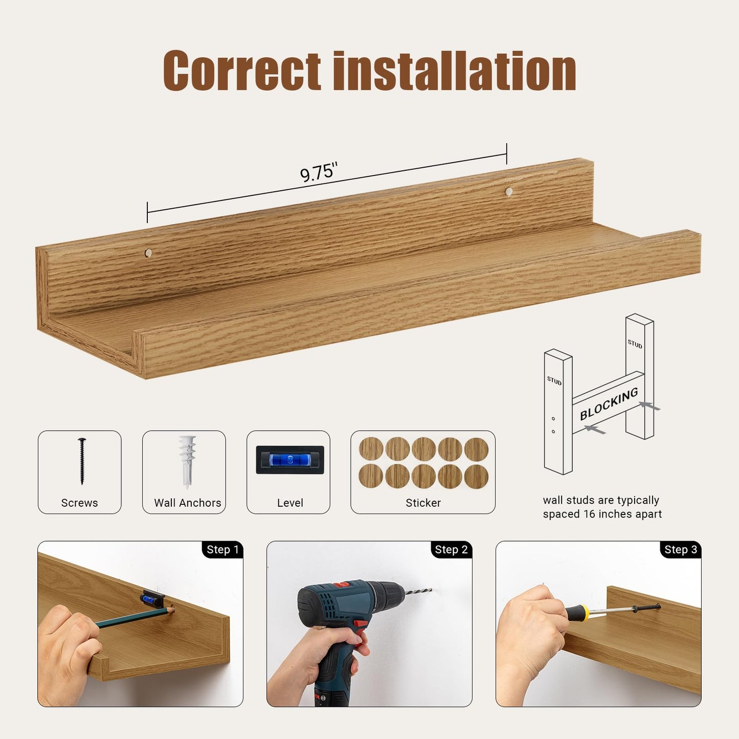 16 Inch Picture Ledge Shelf with Lip Set of 8,Oak Floating Shelves for Wall,Wall Shelves in Varying Depths for Living Room Bedroom Bookshelf Photo Frames Nursery Book Shelves with Lip for Storage