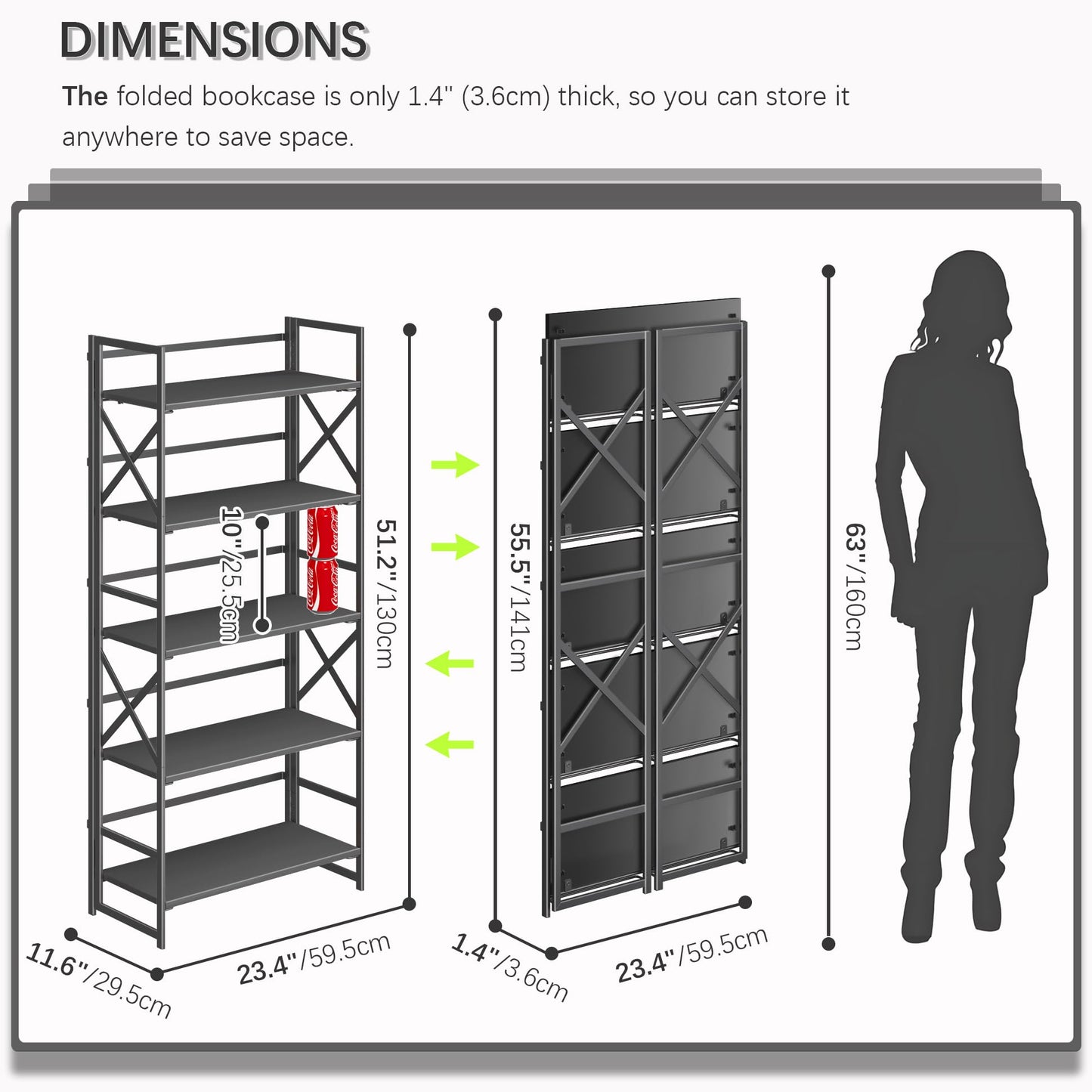 4NM 5 Tiers No Assembly Book Shelves, Black Folding Bookshelf Bookcase Open Industrial Foldable Shelves for Bedroom, Living Room, Home Office - All Black