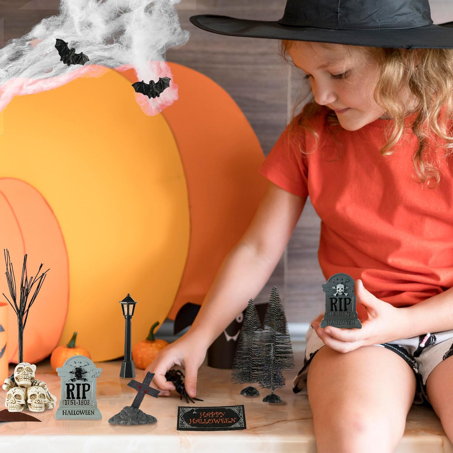 49 Pcs Miniature Halloween Village Accessories Set - Miniature Halloween Figurines, Ornaments, Bare Branches, Tombstones, Skeleton, Fake Spiders - Party Decor