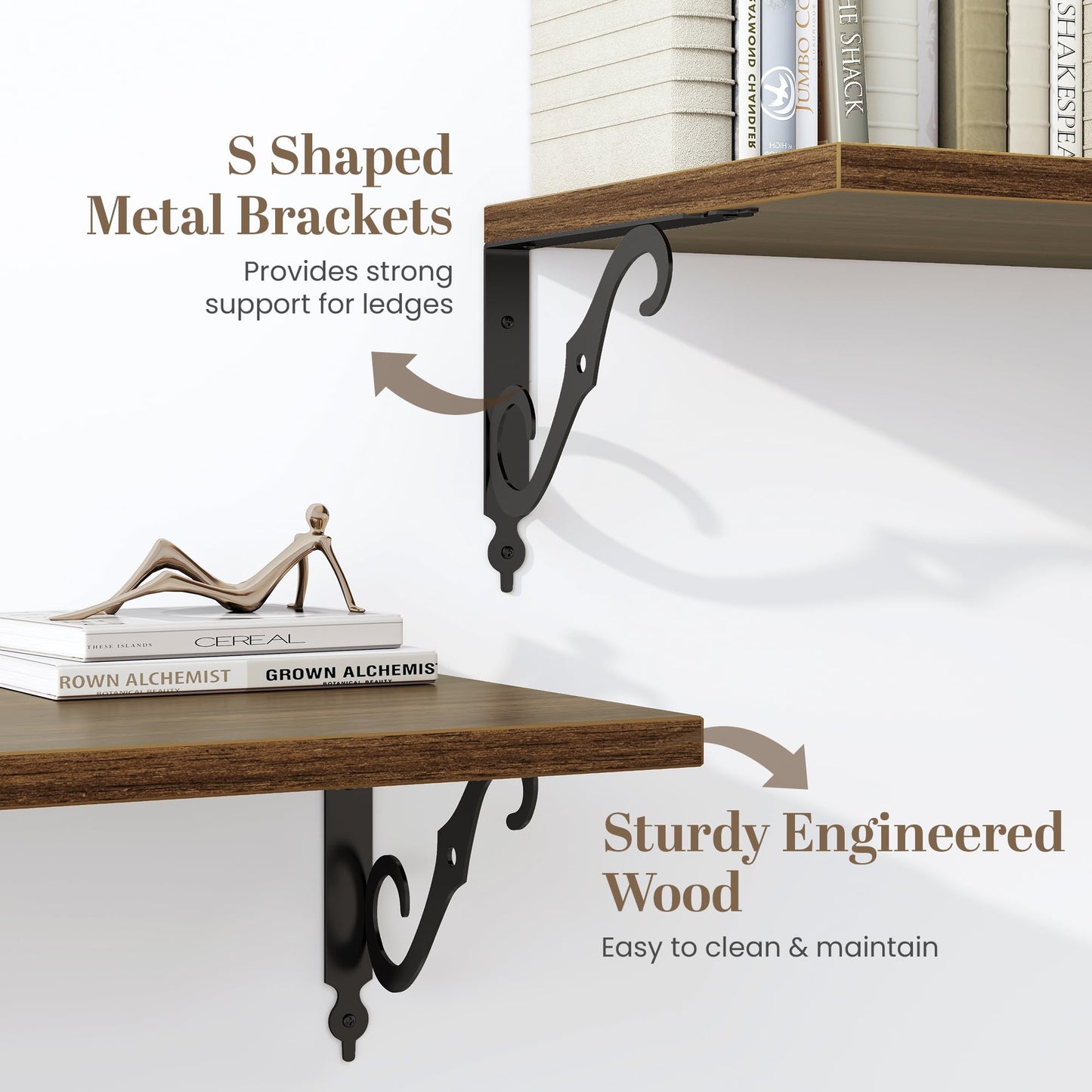 16 Inch Deep Floating Shelves for Wall, 12 Inch Deep Floating Shelf with Bracket, Wall Shelves 16 Inches Long, Wide Display & Storage Shelves for Living Room, Bathroom, Bedroom, Walnut, Set of 2