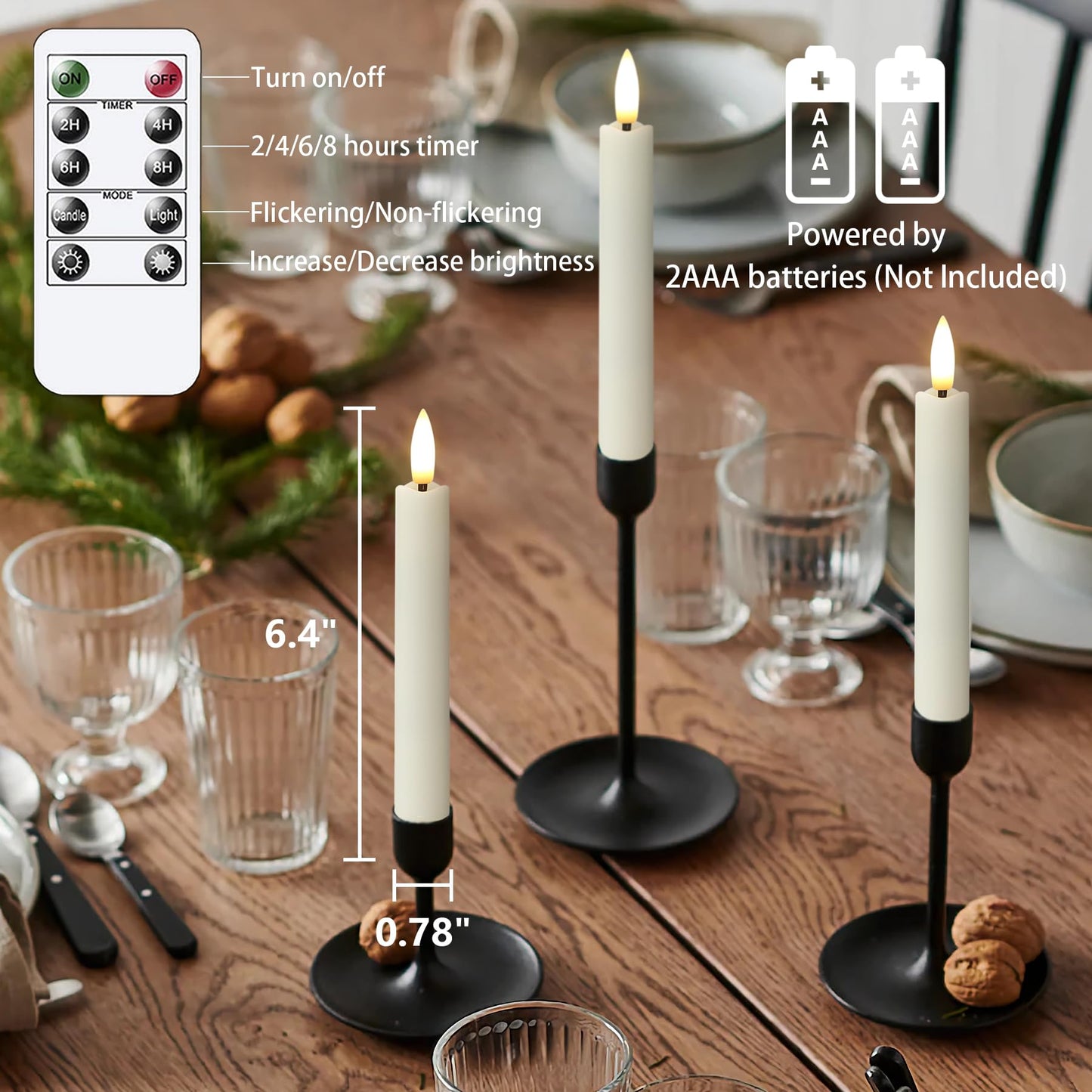 Yeelida Battery Operated Flameless Taper Candles with Two Remote Timer, 6.4" LED 3D-Wick Window Candles, Flickering Long-Lasting Warm Light Electric Pack of 6 Flameless Candlesticks (0.78" Dia,Ivory)