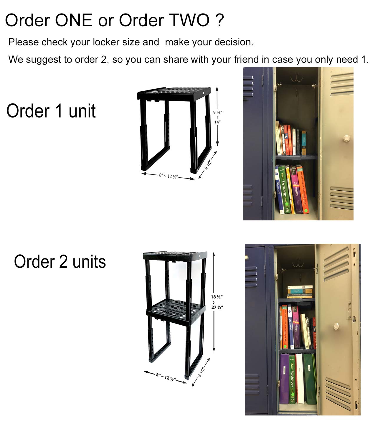 ABLinox Locker Organizer Shelf， Adjustable Width and Height, Ideal Locker for School, Office, and Gym Lockers (Black)