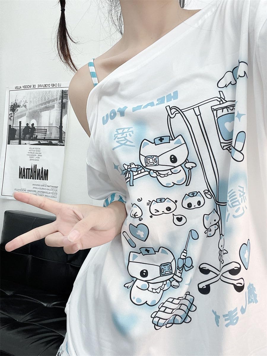 Y2k Harajuku Cartoon Print T Shirts Gothic Women Japanese Fashion Patchwork Off Shoulder T Shirt Kawaii Sweet Tees Tops (White,Small,Small)