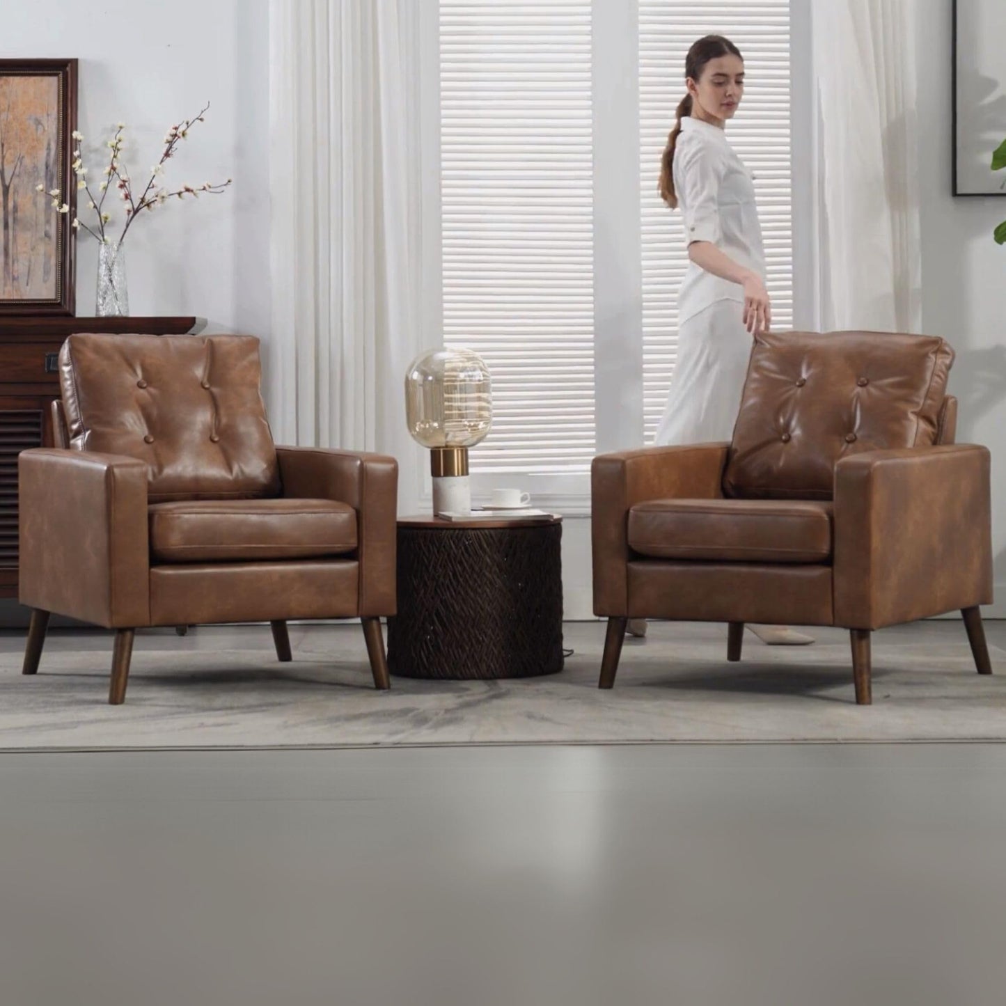 Wahson Accent Chairs Set of 2, Faux Leather Tufted Single Sofa, Brown Oversized Club Chair, Mid Century Modern Armchair with Wood Legs for Reading/Living Room/Bedroom