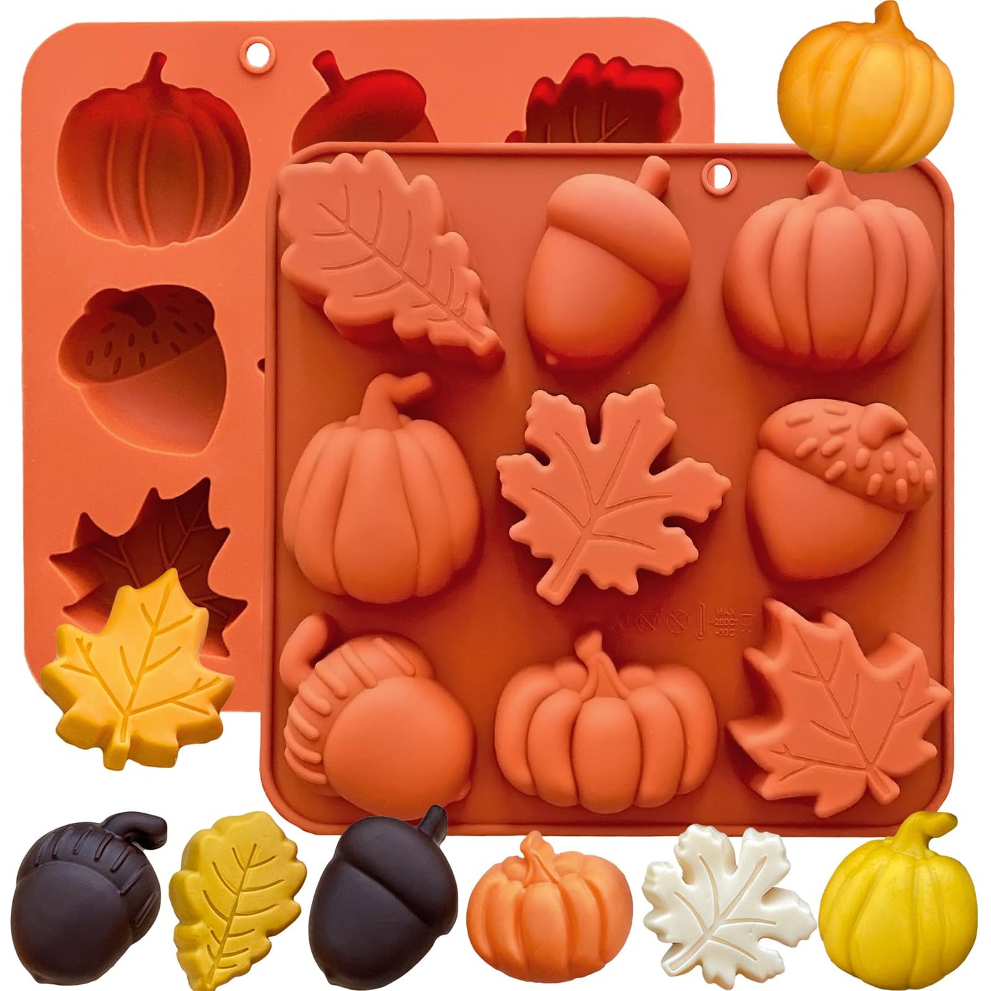3D Pumpkin Silicone Mold 2PCS Fall Silicone Mold Thanksgiving Candy Mold Autumn Maple Leaf Acorn shape Chocolate Mold Soap Candy Cake Pan Baking Molds for Cake Cupcake Decoration (Orange)