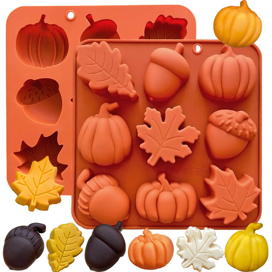3D Pumpkin Silicone Mold 2PCS Fall Silicone Mold Thanksgiving Candy Mold Autumn Maple Leaf Acorn shape Chocolate Mold Soap Candy Cake Pan Baking Molds for Cake Cupcake Decoration (Orange)