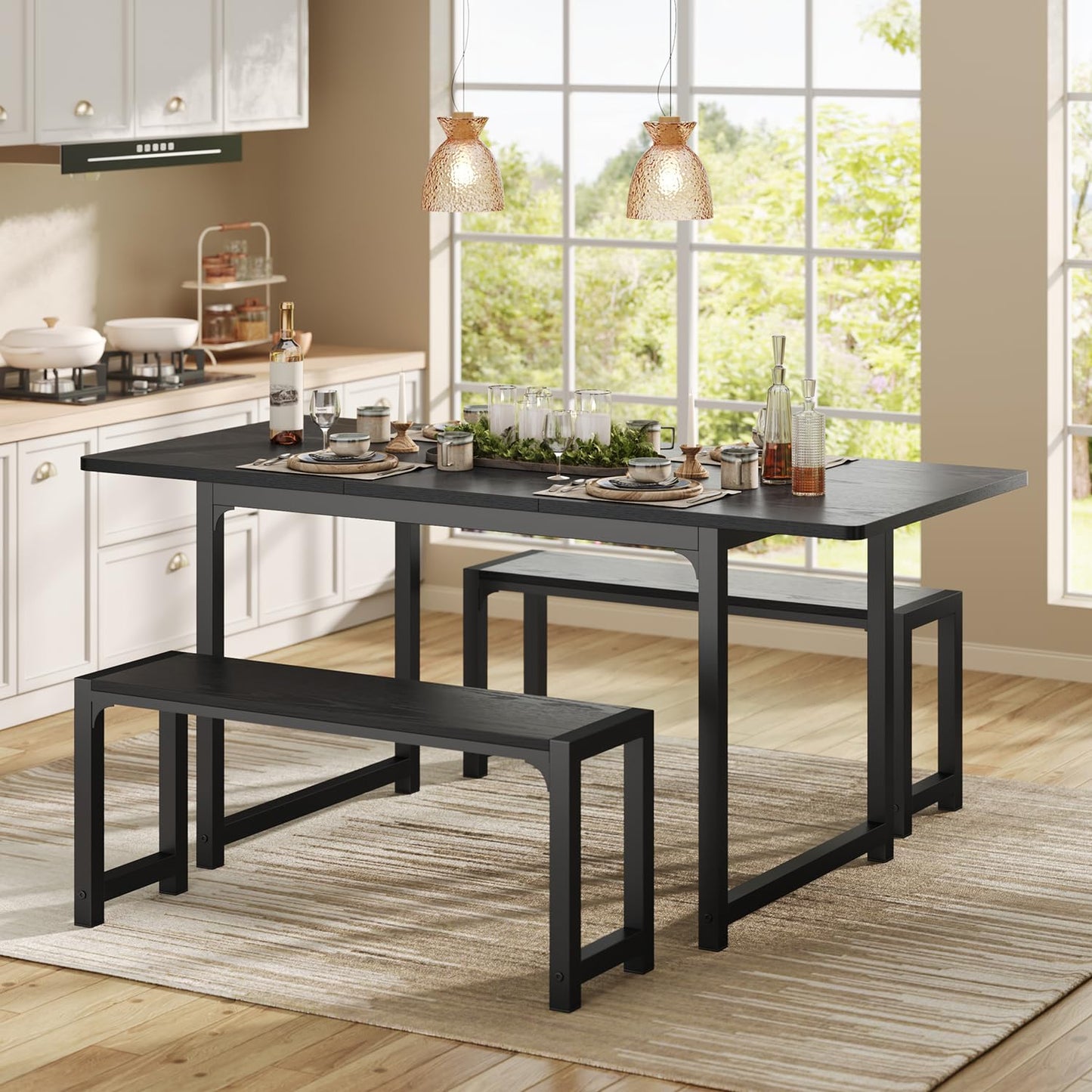 Ahomly Dining Table Set for 4-6 with Bench, 63“ Large Extendable Kitchen Table Set, Dining Room Table with Metal Frame & MDF Board, Perfect for Small Space, Easy Assembly, Black