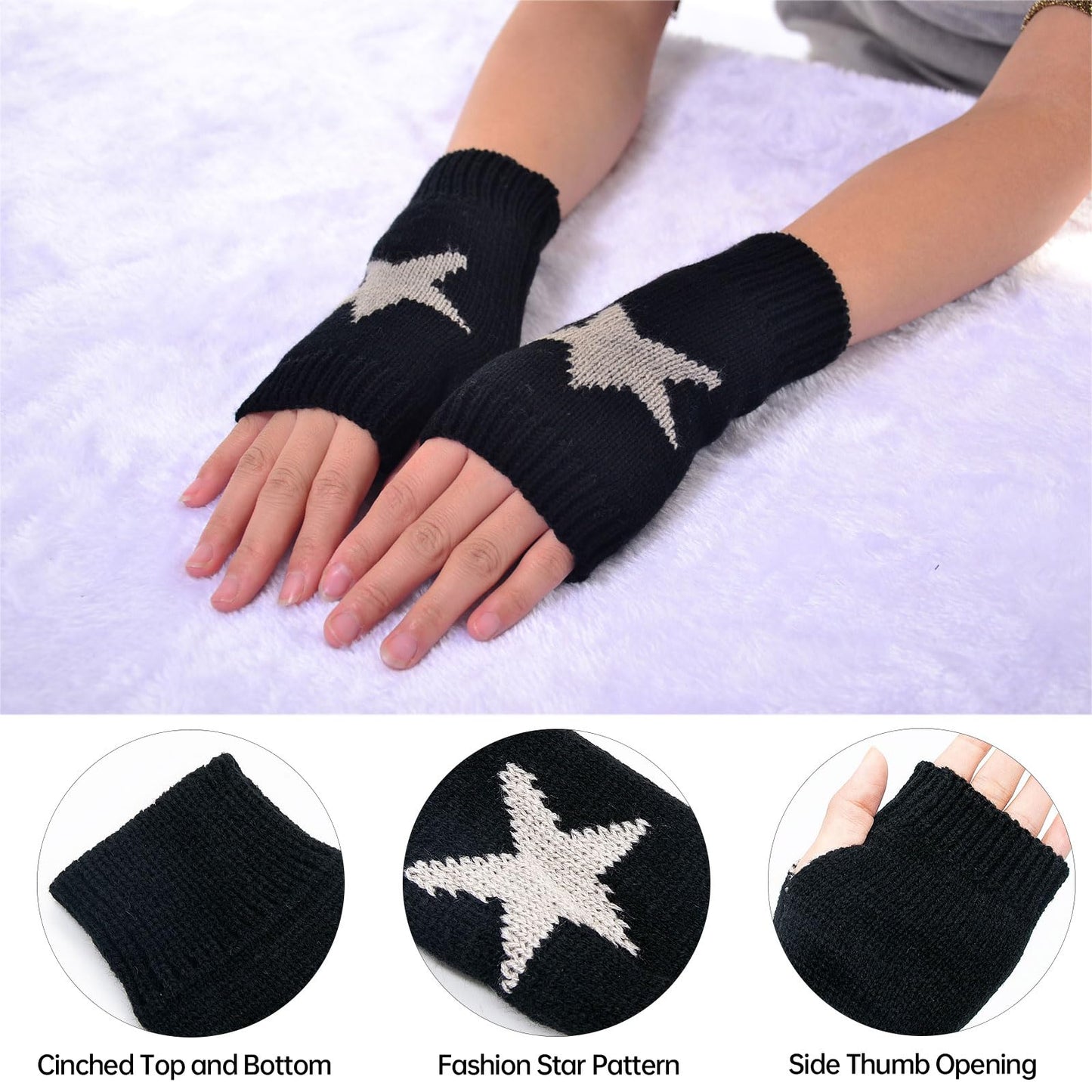 YAMEIZE Fingerless Star Printed Knitted Gloves - Wrist Warmers Y2K Mittens Knitted Gloves for Women Men Typing (Black)