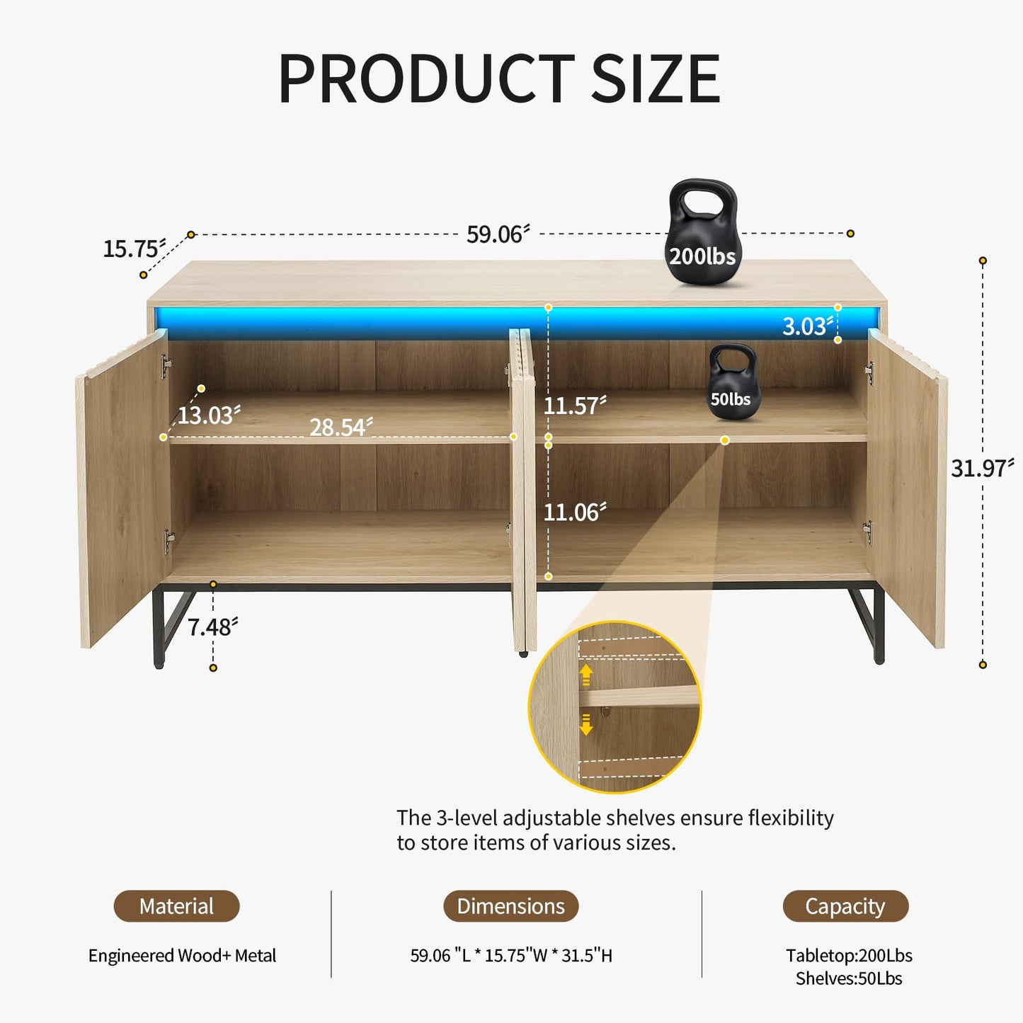 Woenei Fluted Sideboard Buffet Cabinet with Storage, 59" Wood Storage Cabinet with Doors and Adjustable Shelves LED Light, Modern Credenza for Kitchen, Dining Room, Living Room, Entryway, Oak