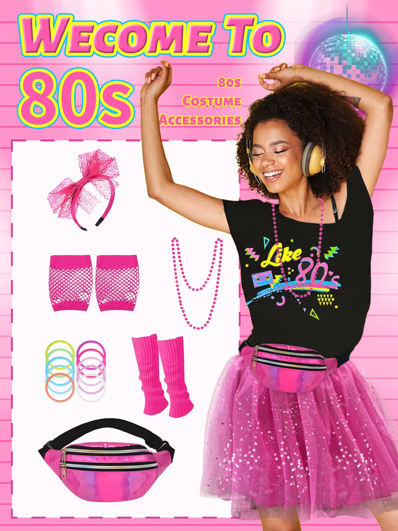 XXLOG 80s Outfit for Women T-Shirt Tutu Skirt with Accessories 80s Costumes Set for Retro Theme Party Pink M
