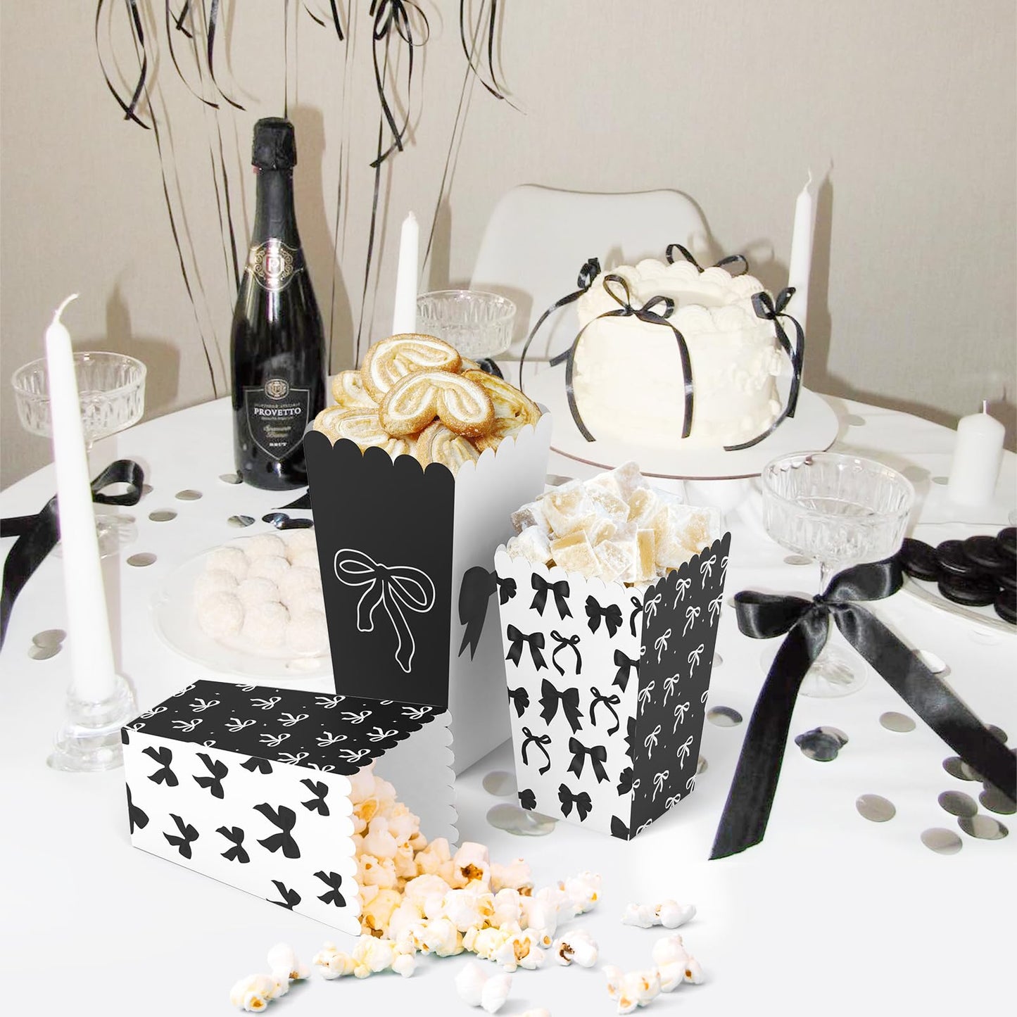 20Pcs Black Bow Popcorn Boxes, Bow Movie Night Popcorn Bags for Party, Black Bucket Containers for Birthday, Bridal Shower Bachelorette Graduation Party Decor (S + L)