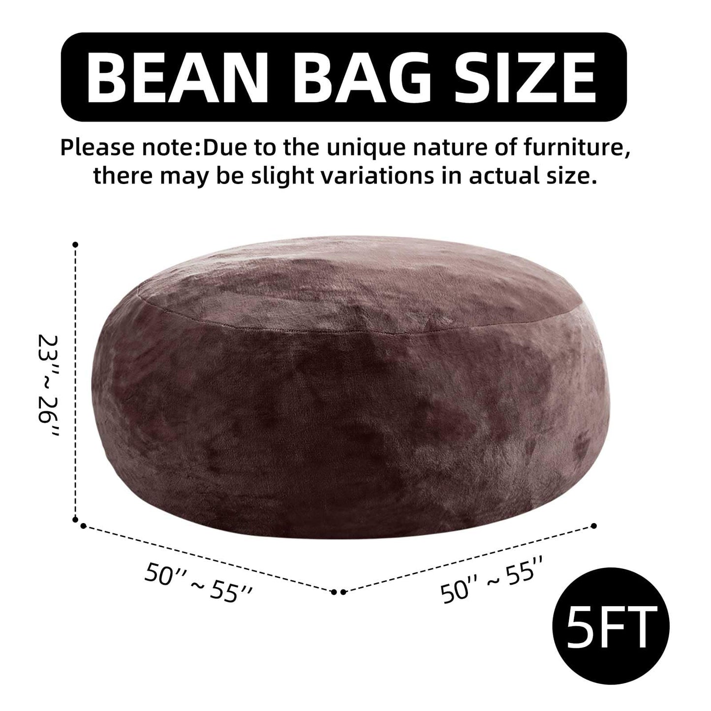 5FT,Giant beanbag Chairs for Adults,Bean Bag with Filler Included,Soft and Comfortable Memory Foam Chair,Extra Large Bean Bag，Adult Living Room，Leisure Chair Suitable for Bedroom and Dormitory(Brown)
