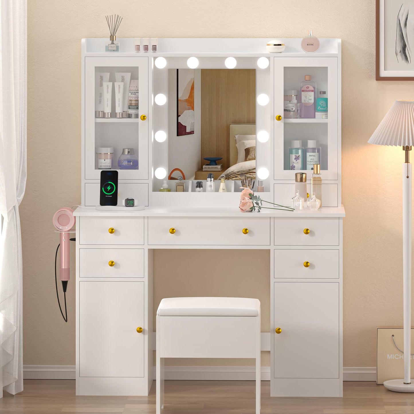 Wodeer Vanity Desk with Mirror and Lights, 43" White Makeup Vanity Set with 5 Drawers & Glass Cabinets, Storage Stool, Power Outlet & Adjustable LED Lights, Dressing Table for Women & Girls Bedroom